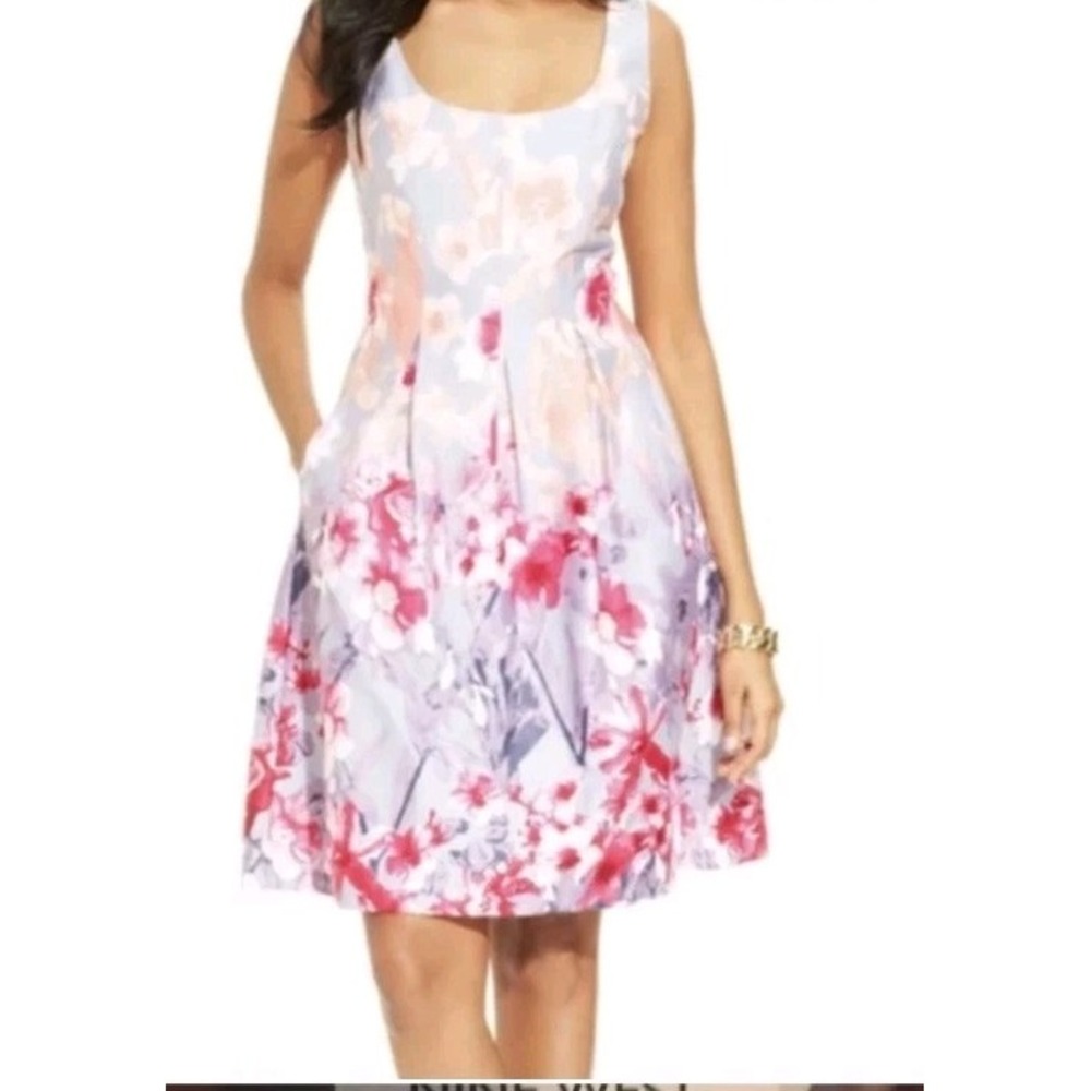 Nine West Floral Fit and Flare Dress Blue Pink Sleeveless Pockets Size 4